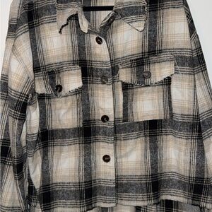 Plaid Button-Up Shirt - Black and Cream
